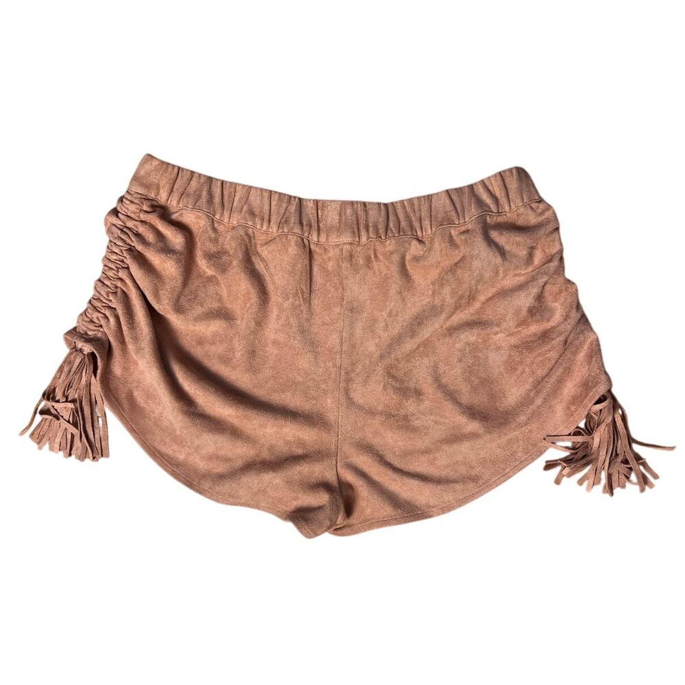ASTARS LA Nude Pink Faux Vegan Suede Tassel Fringe Ruched  Micro Shorts Small